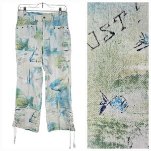 Chico's Linen Blend White Trouser Crop Pant Summer Fish Postcard Lace Up Bottom